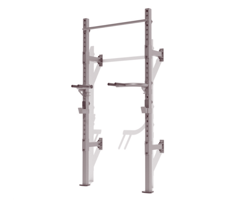 Gravity Z Wall folding rack for squats and pull-ups with a bench